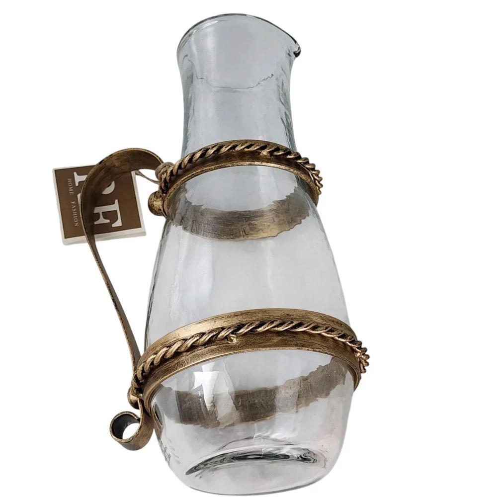 RF Home Fashion Rustic Wrought‎ Metal And Clear Glass Pitcher Vase Handcrafted